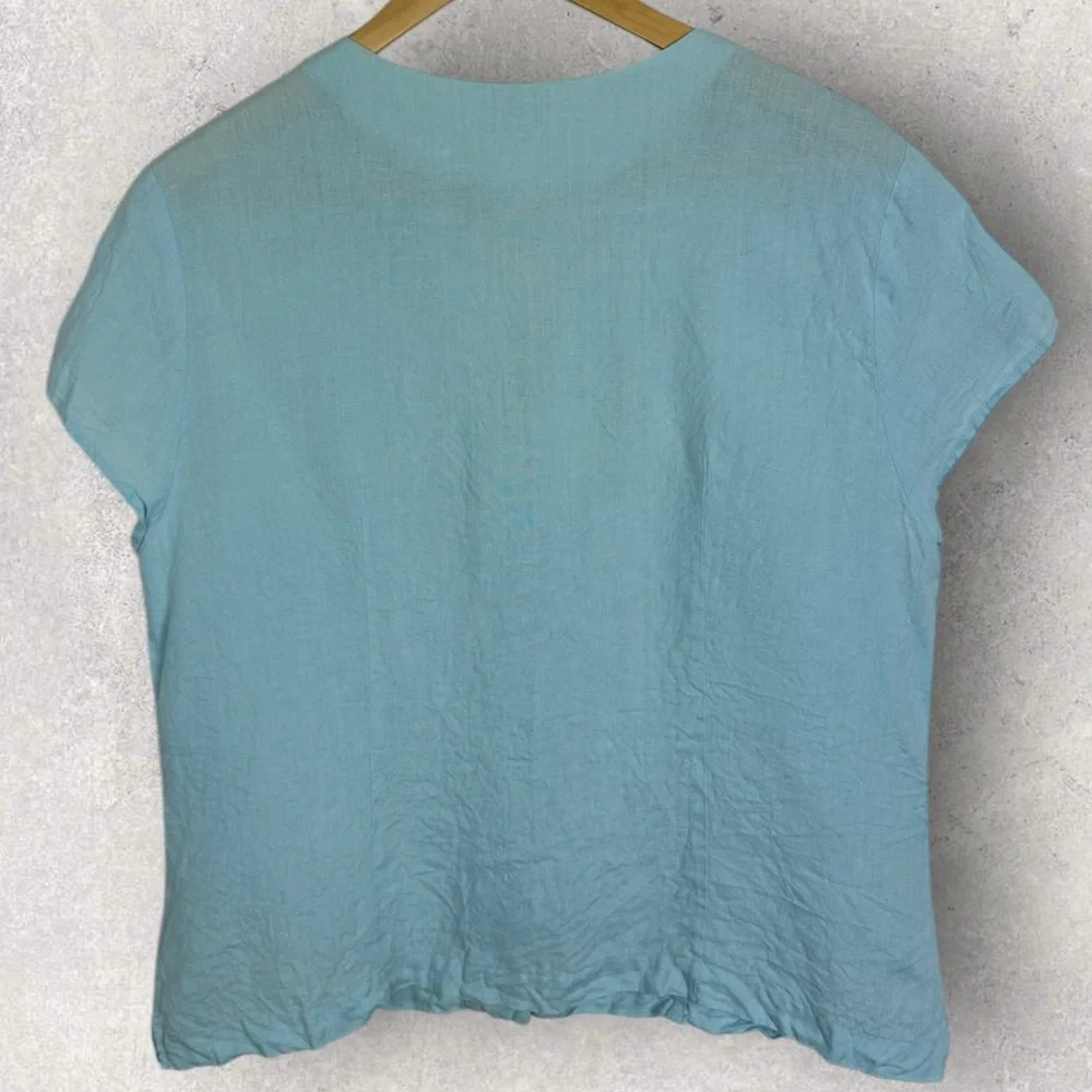 Talbots 100% Irish Linen V-Neck Button Down Short Sleeve Blouse Size 16 Blue Top - Picture 12 of 12